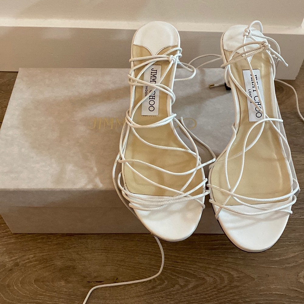 Jimmy Choo white tie-up heels, size 38.5/US 8